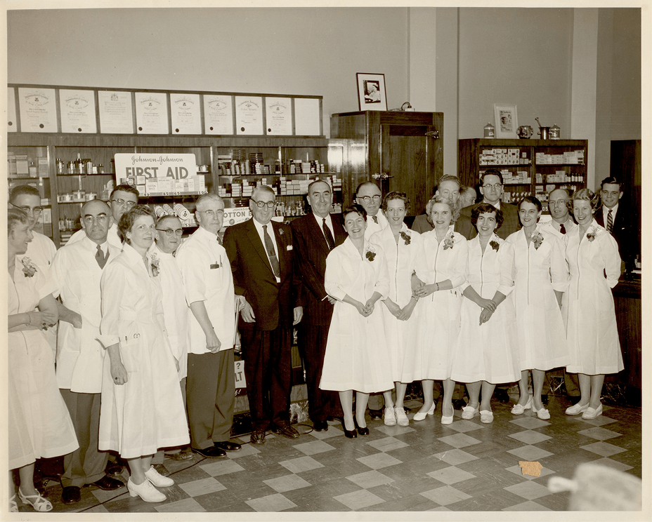 Macdonald's Prescriptions staff with Vancouver Mayor Hume, 1945