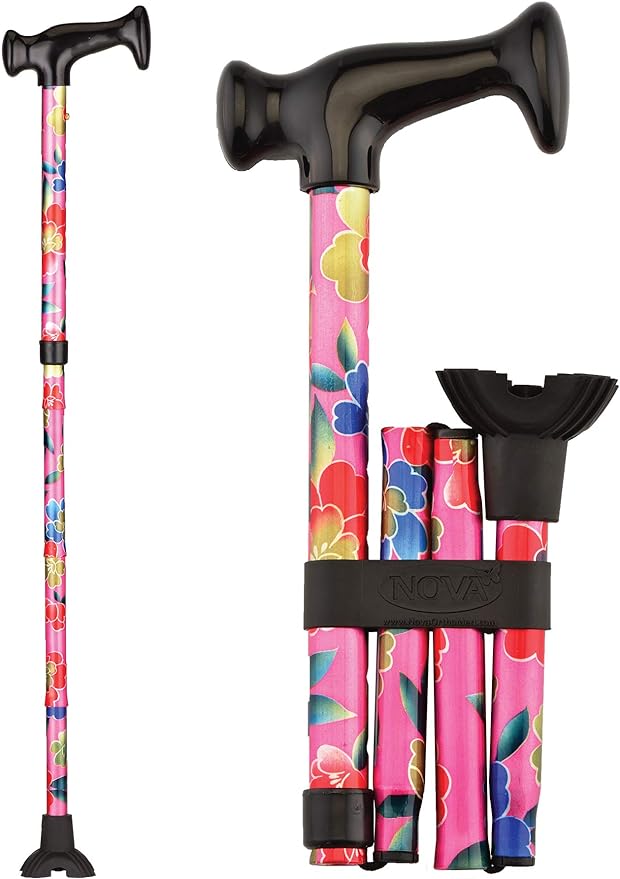 NOVA Medical Quad Tip Folding Cane in Pink Garden  